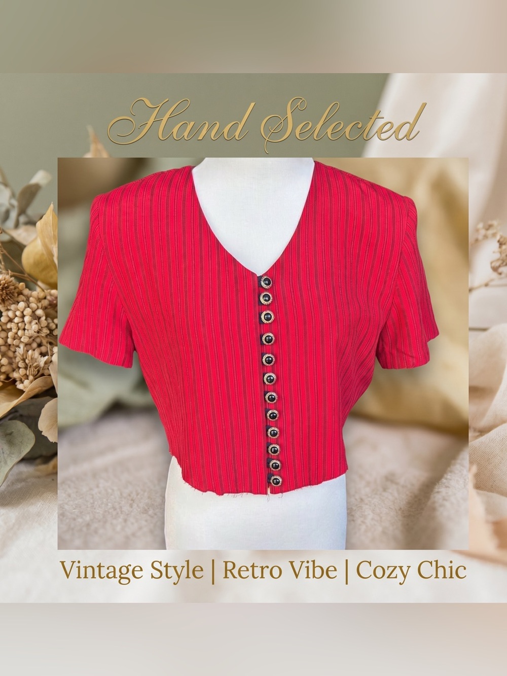 Vintage Red Striped Button-Up Crop Top w/ Shoulder Pads — Size 8P